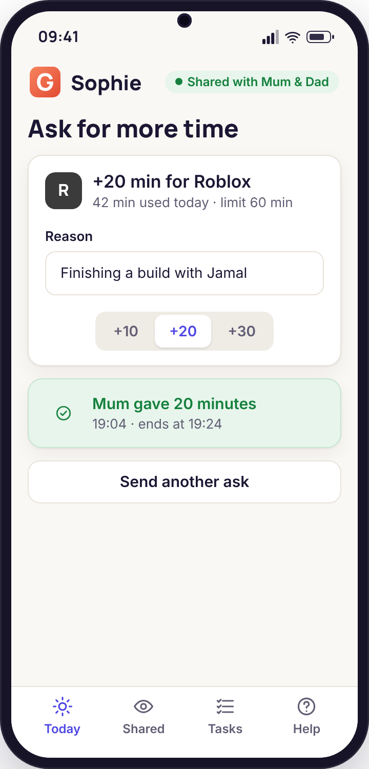 Ask-for-more-time screen on the child's phone with a typed reason and the reply "Mum gave 20 minutes" underneath