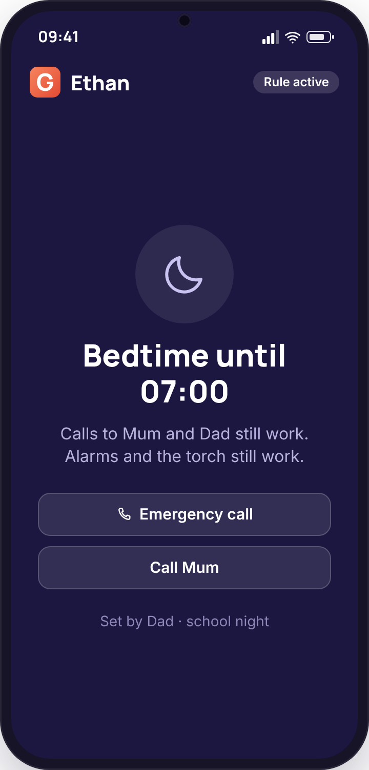 Locked phone at bedtime with a message that calls to Mum, Dad and emergency numbers still connect