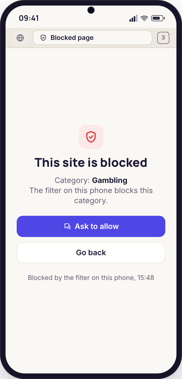 A blocked page on a phone naming the Gambling category, with an Ask to allow button underneath