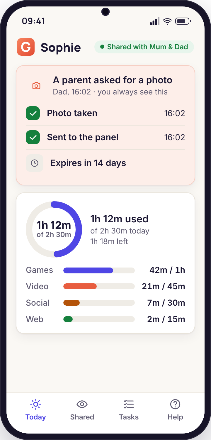 A phone screen showing a full-screen notice that a parent has asked for a photo, with the parent named and a countdown