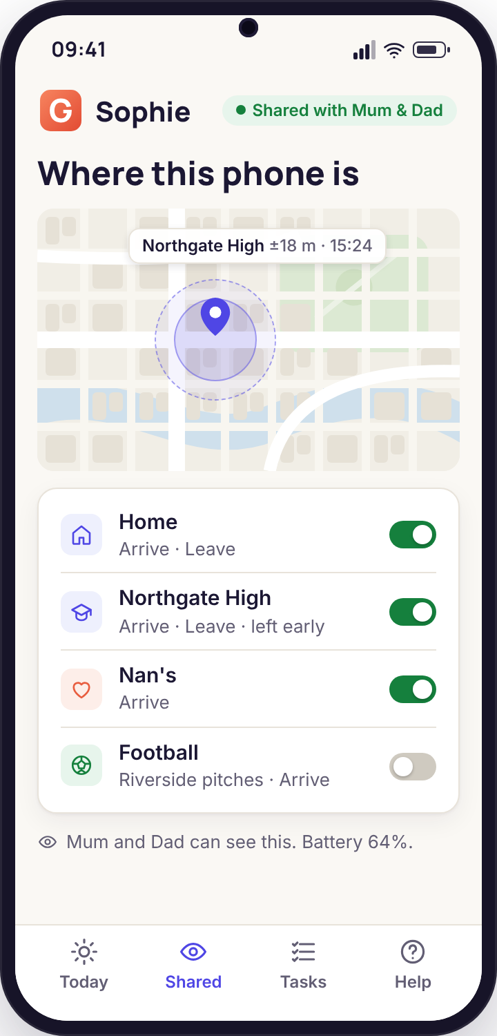 Child's own app screen showing location sharing switched on and the list of saved places their parent can see