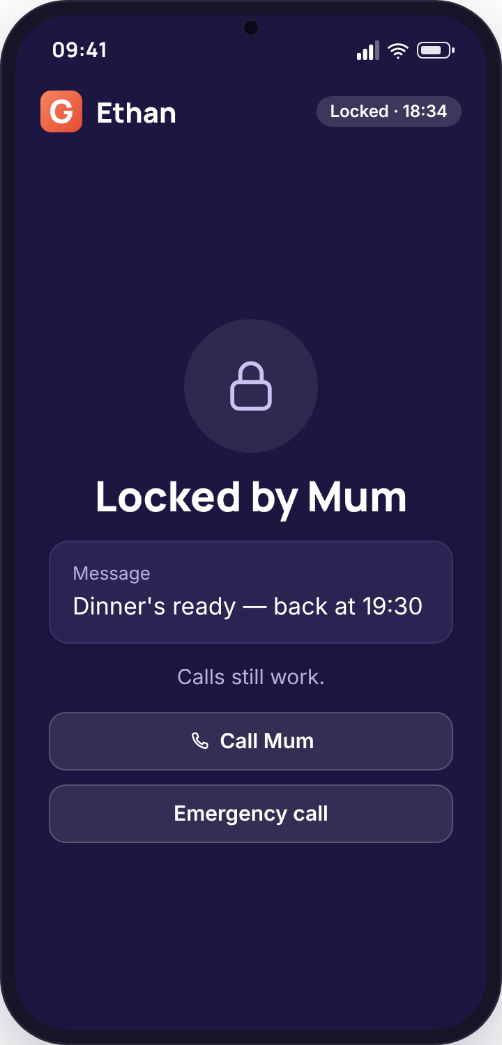 A phone screen locked by a parent, showing the parent's message, the time, and buttons to call the parent or an emergency number