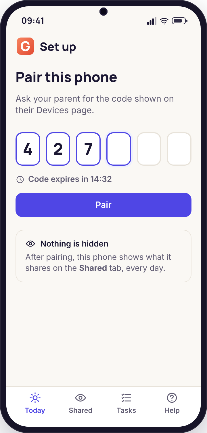 A phone screen with six large boxes waiting for a pairing code and a note that the code expires in fifteen minutes