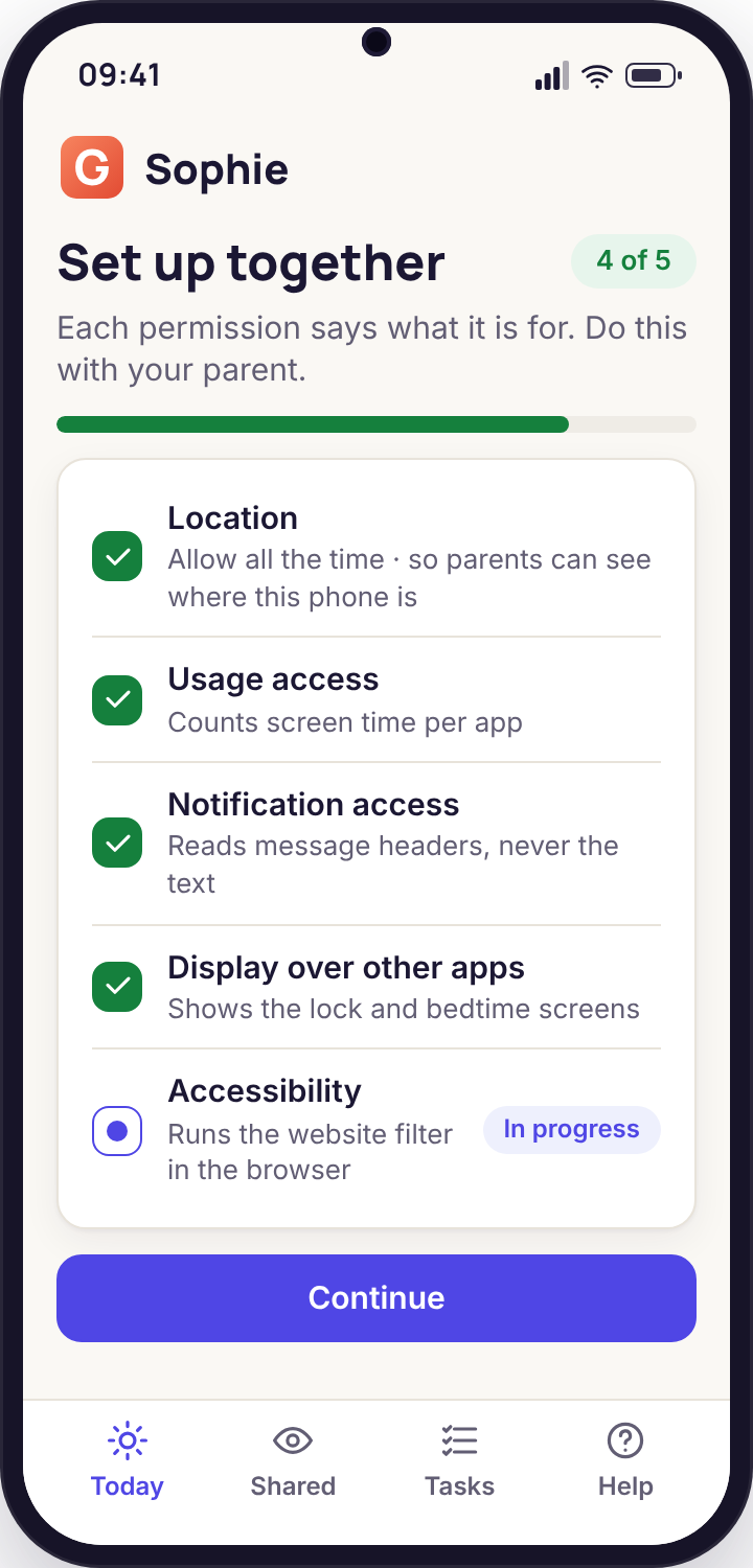 The child app walking through Android permissions with a reason beside each one