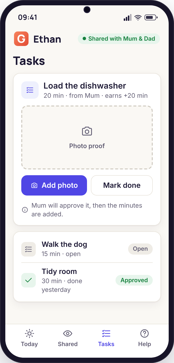 Chore card on the child's phone reading Load the dishwasher, 20 minutes, with an add-photo button