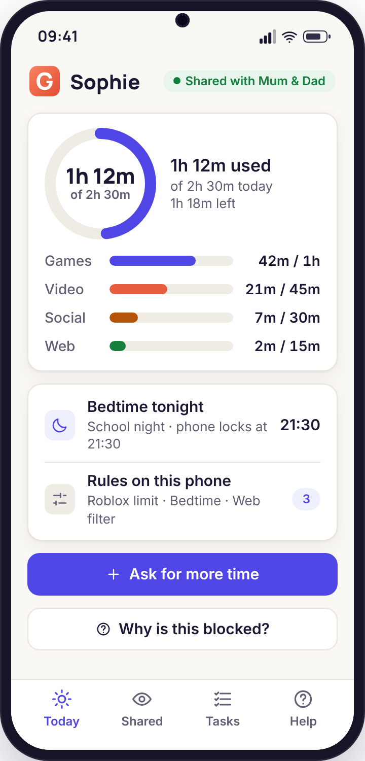 Child's own Today screen listing time used, tonight's bedtime and the rules that apply