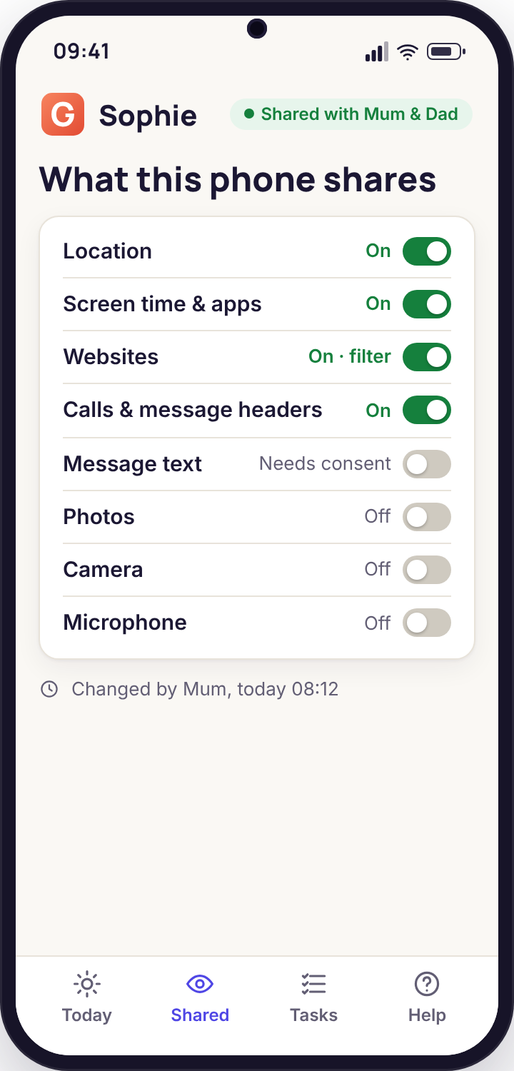 Phone screen titled What this phone shares, with location and screen time on and photo scanning off