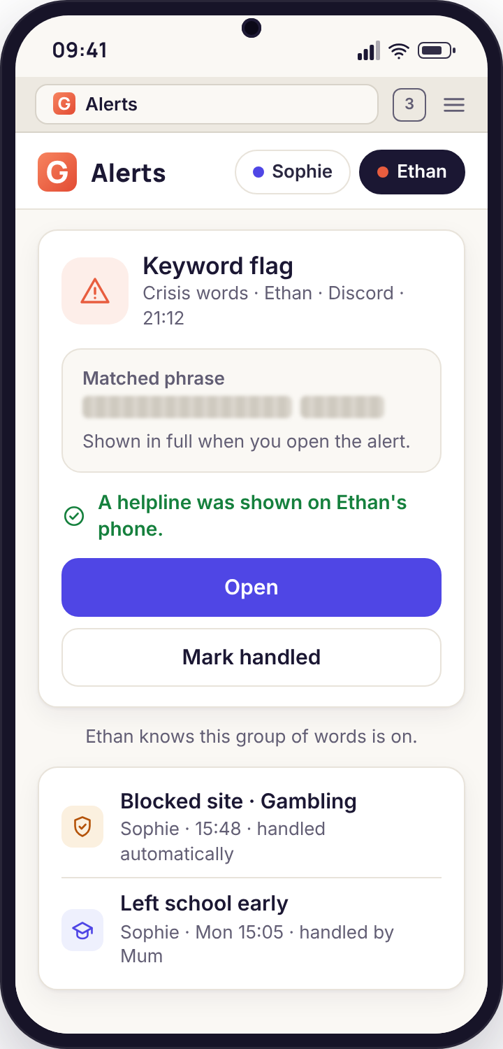 A keyword alert card showing the matched group, the app it came from and a handled-by name