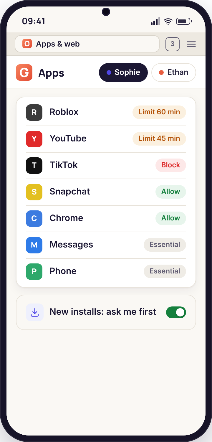 Installed apps in a phone browser, each marked allow, limit or block, with the protected essentials greyed out