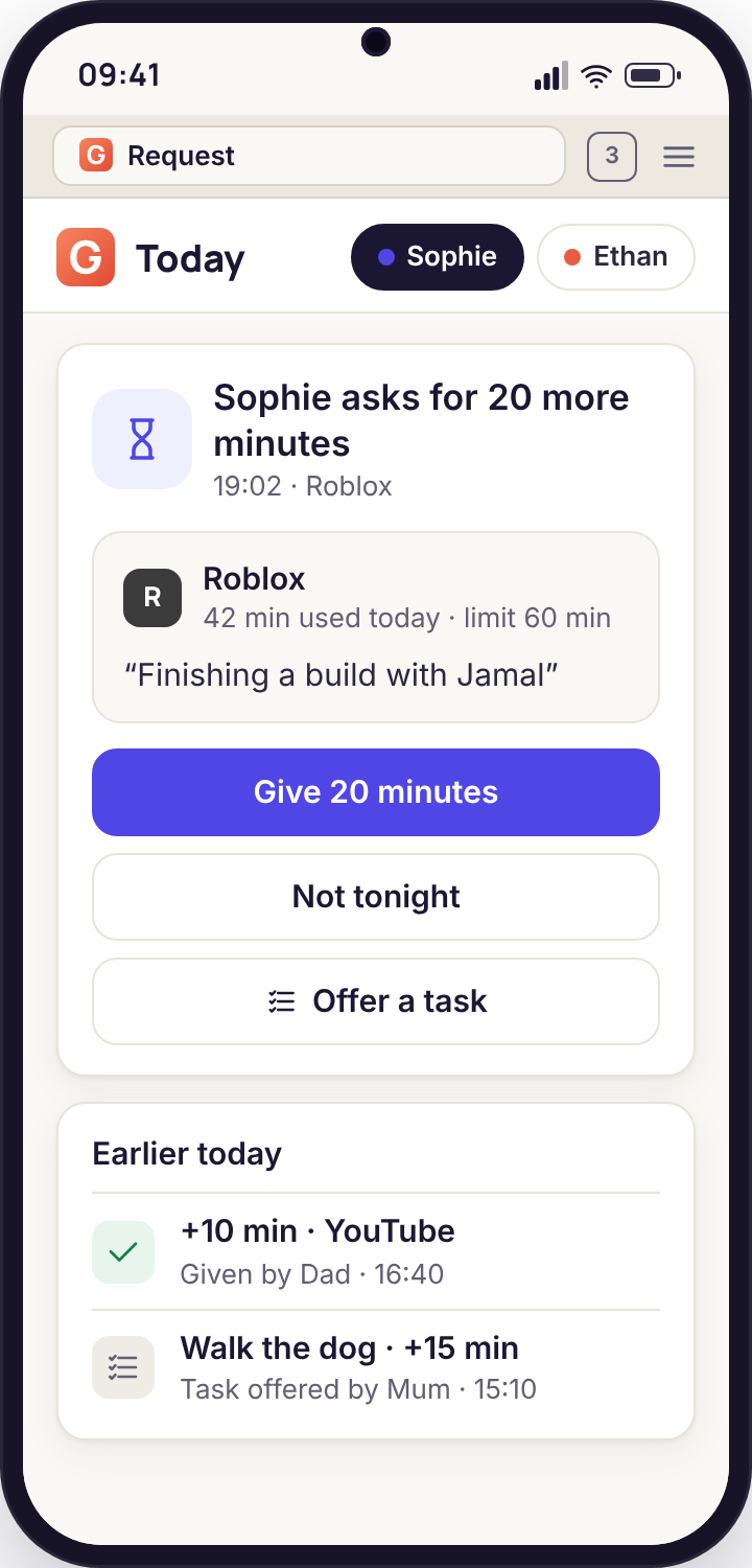 An extra-time request in a phone browser with the three replies: give 20 minutes, not tonight, offer a task