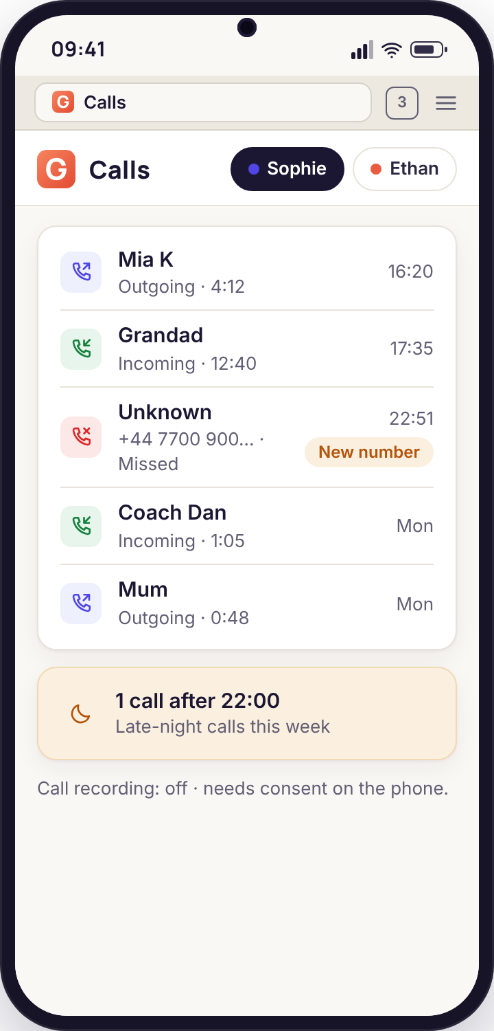 Call log in a phone browser with direction arrows, durations and one number marked unknown