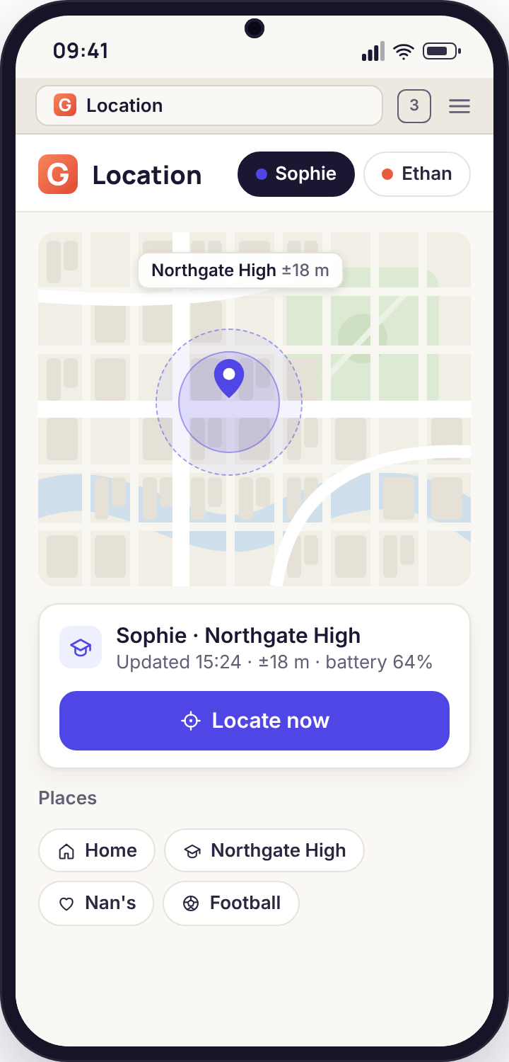 Map in a phone browser with a teenager's dot inside the School circle, an accuracy ring and a battery readout
