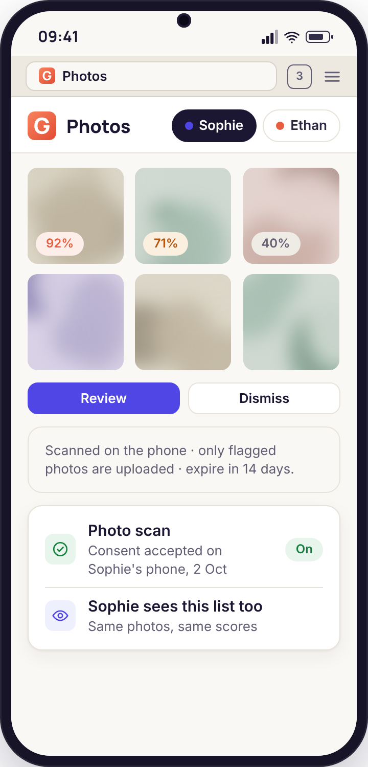 A phone browser showing a short list of flagged photos, each with a percentage score and the time it was taken