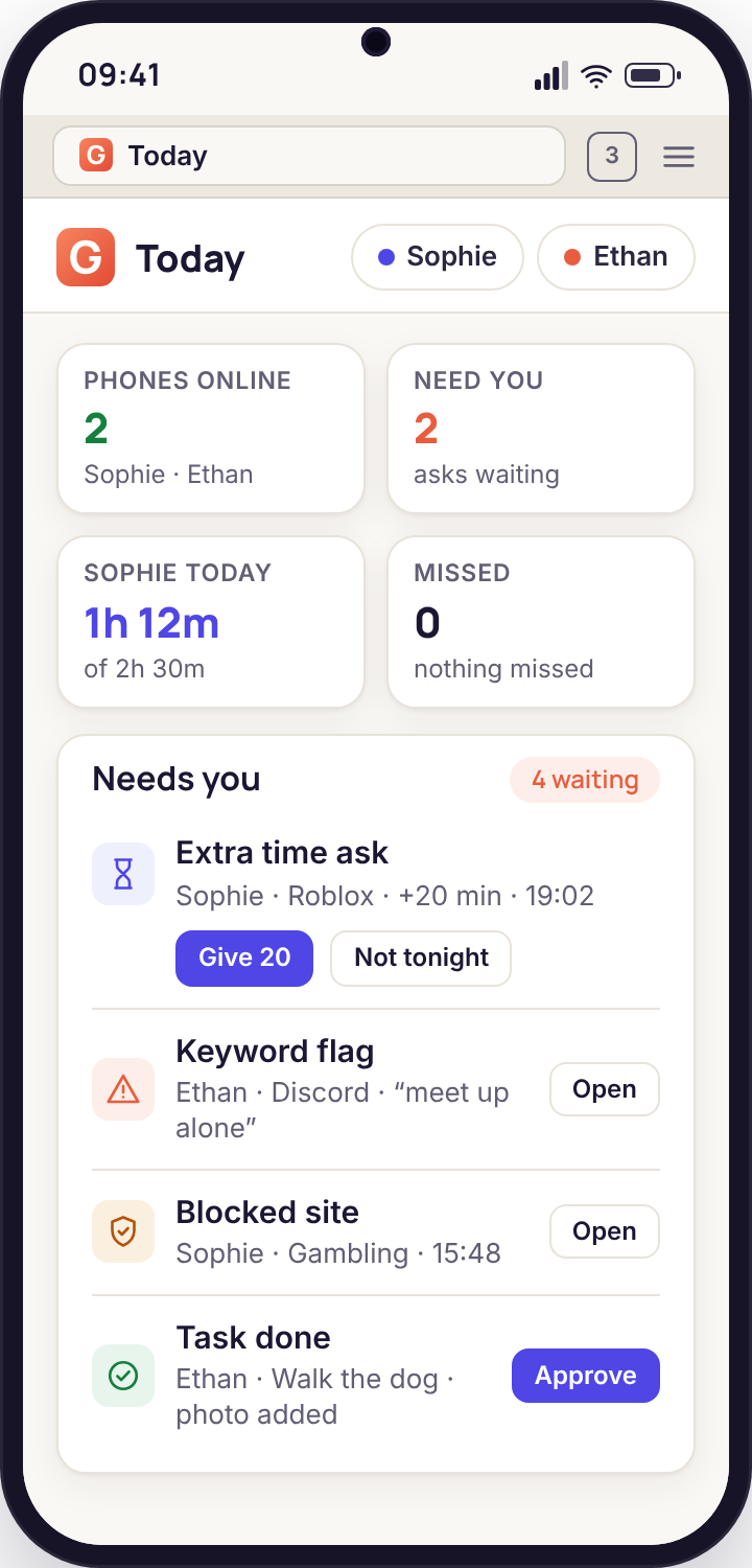 Today dashboard in a phone browser with one entry under Needs you and four summary tiles