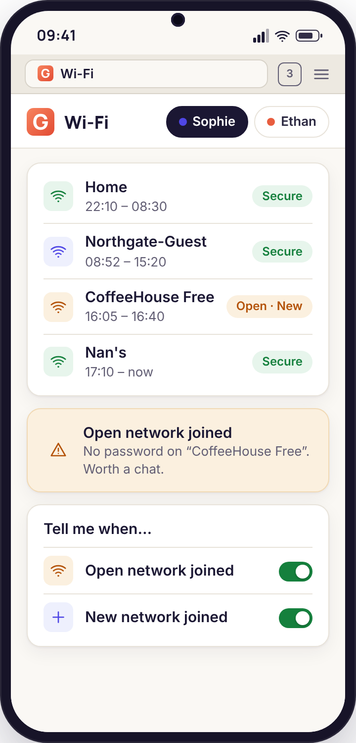 Wi-Fi history in a phone browser listing networks with join times and an open-network flag