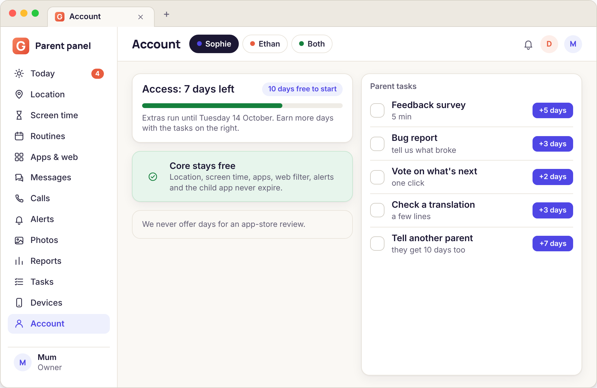 Account page showing the remaining access days beside a list of parent tasks and what each one is worth