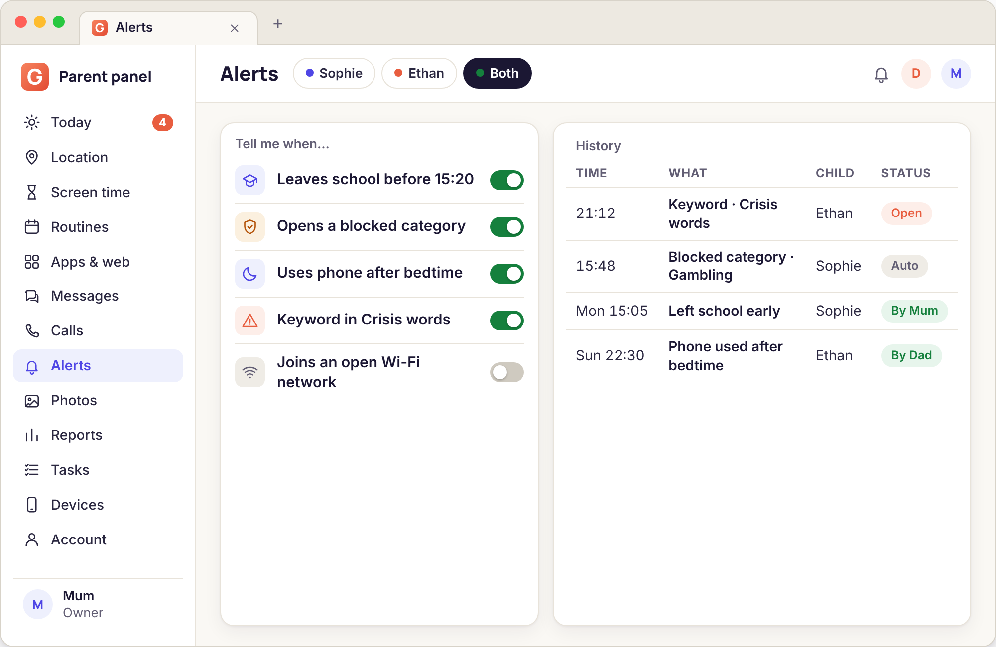 An alerts screen with keyword groups on the left, rules written as sentences on the right and a history with a handled-by column below