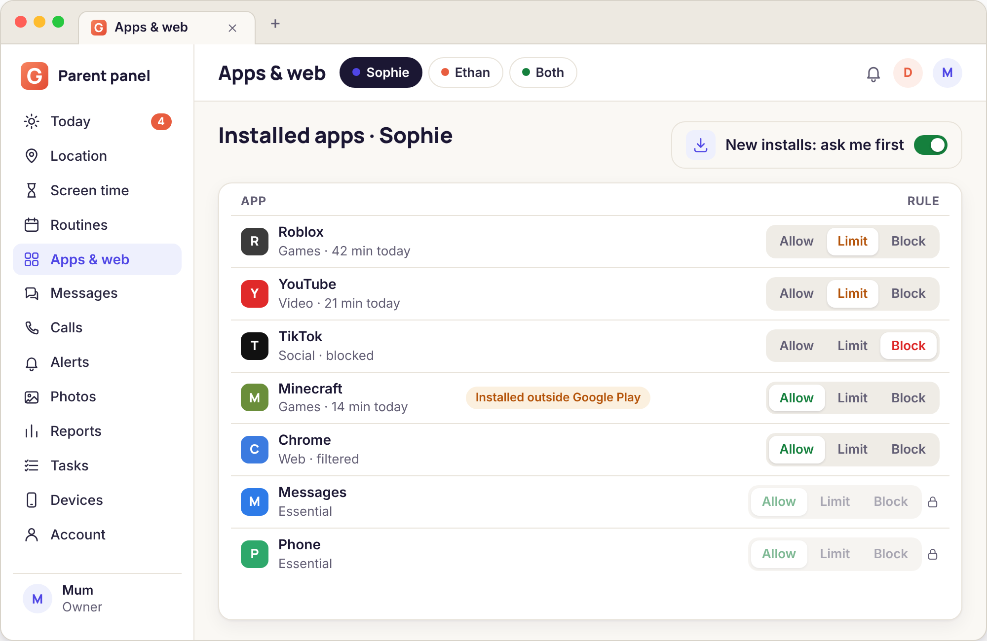 A list of installed apps with allow, limit and block choices on each row and two switches above for new installs
