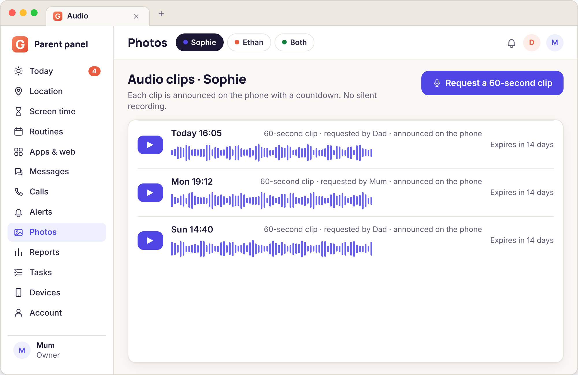 Audio page in the panel listing two short clips with the time, duration and the parent who requested each