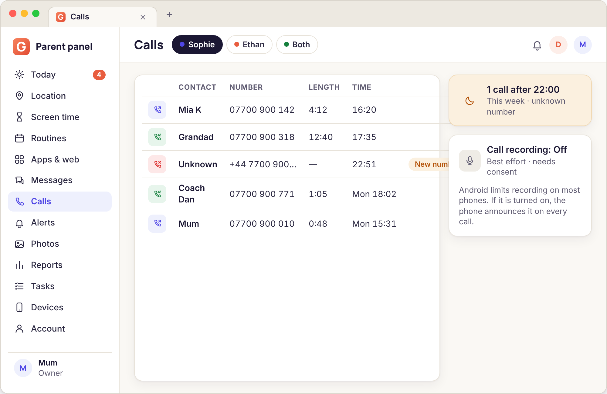 Call log with names, direction arrows, durations and a late-night total, one unknown number flagged