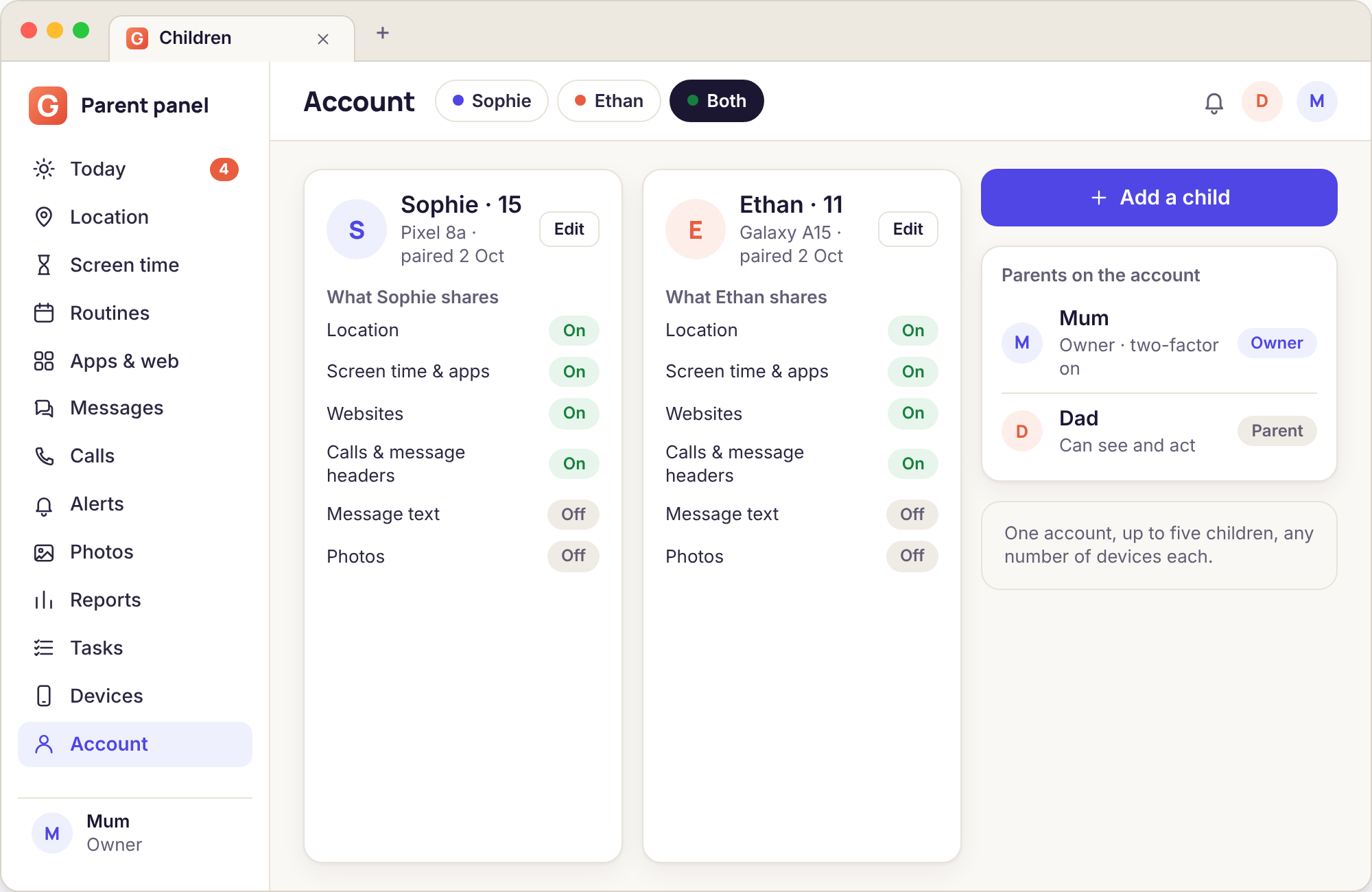 A Children page listing two names, each with a device count and a last-seen time, and a button to add another child