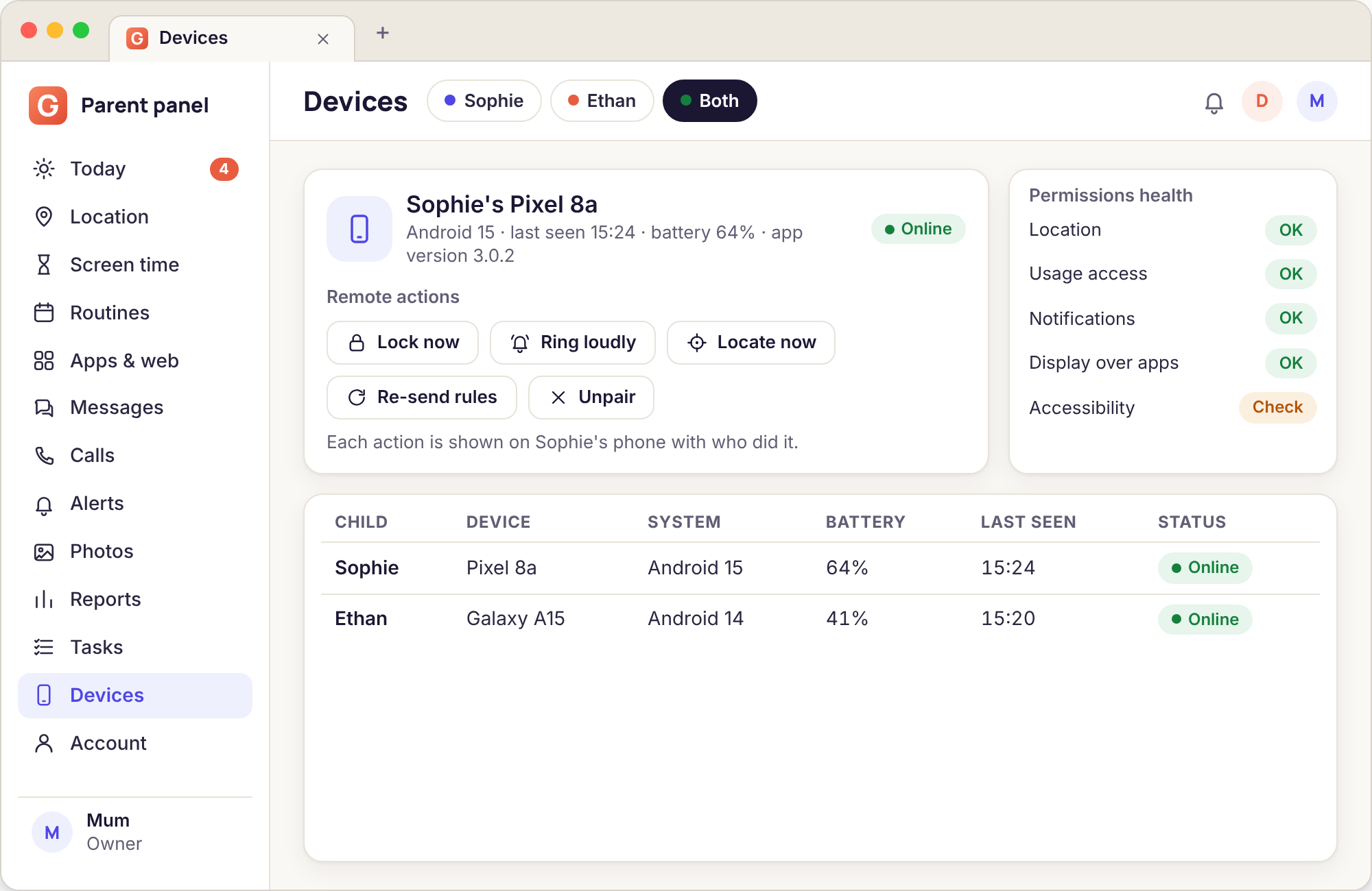 Devices page in the panel listing remote actions including Lock now, Ring loudly and Locate now