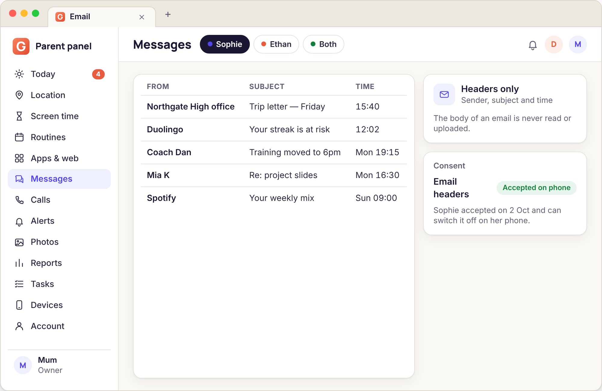 Panel email page listing sender and subject lines with times, and an unknown-sender flag on one row