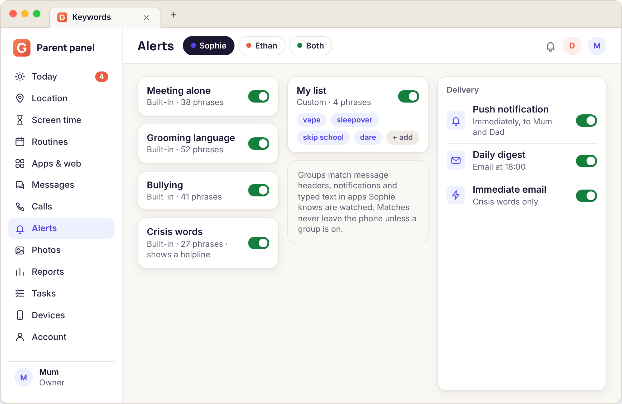 Keyword groups page listing the built-in groups with a custom list below and delivery options on the right