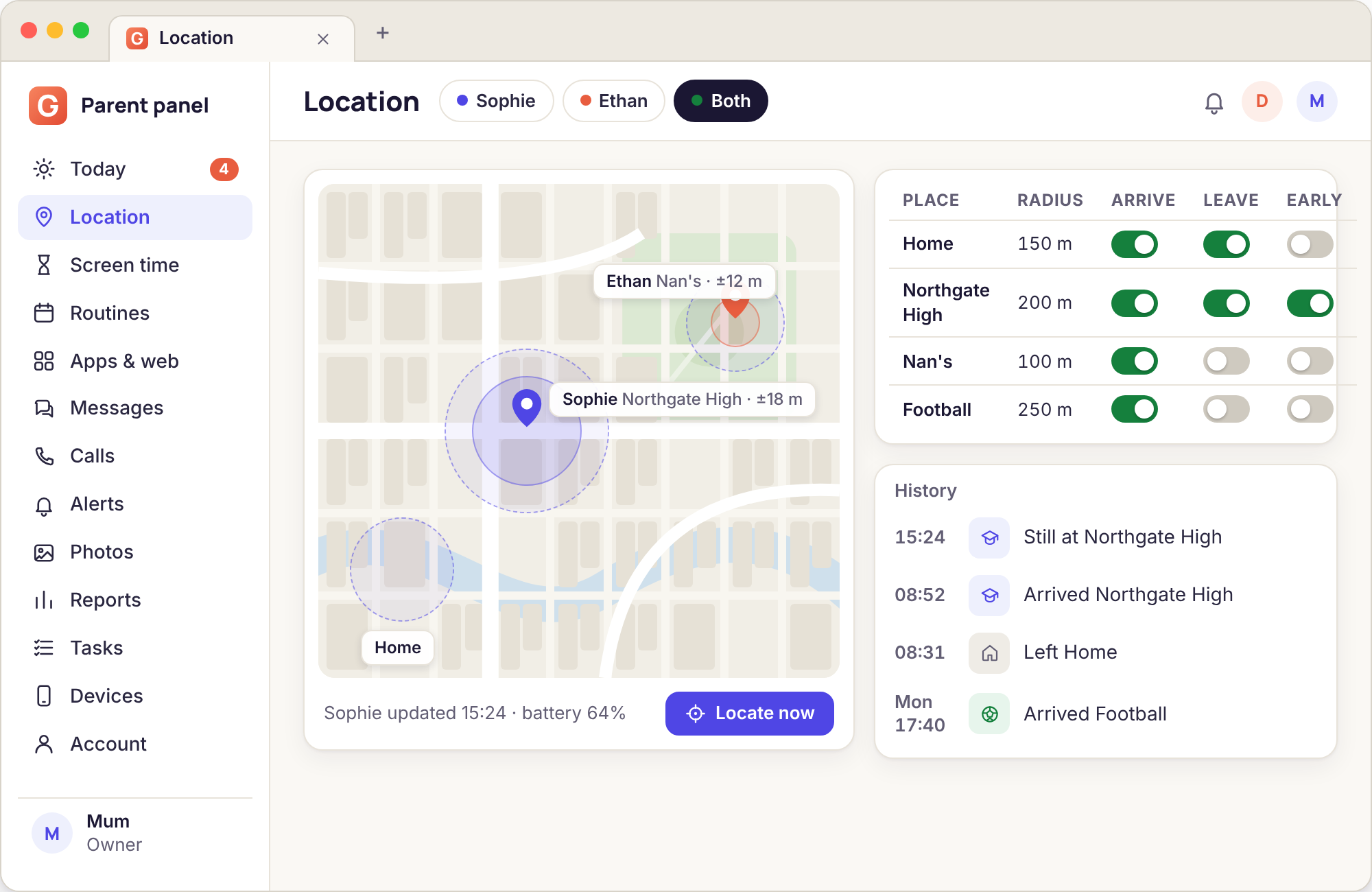 Saved places list with Home, School and Football, each with its arrive and leave alert switches