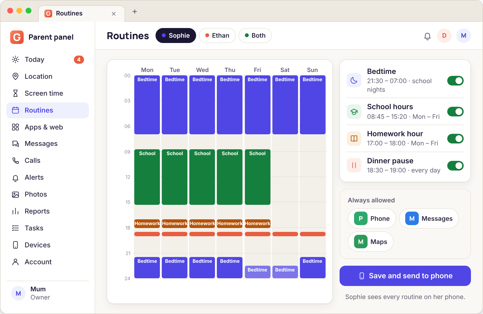 A routines screen with Bedtime, School hours and Homework hour windows laid out across a weekly grid
