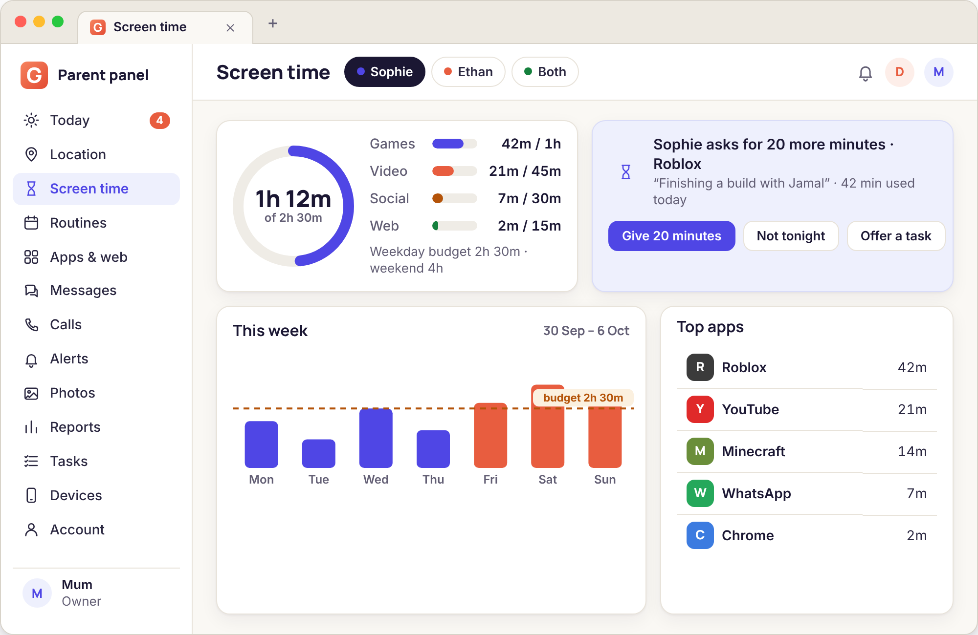 Budget editor showing weekday and weekend minutes split across games, video, social and web