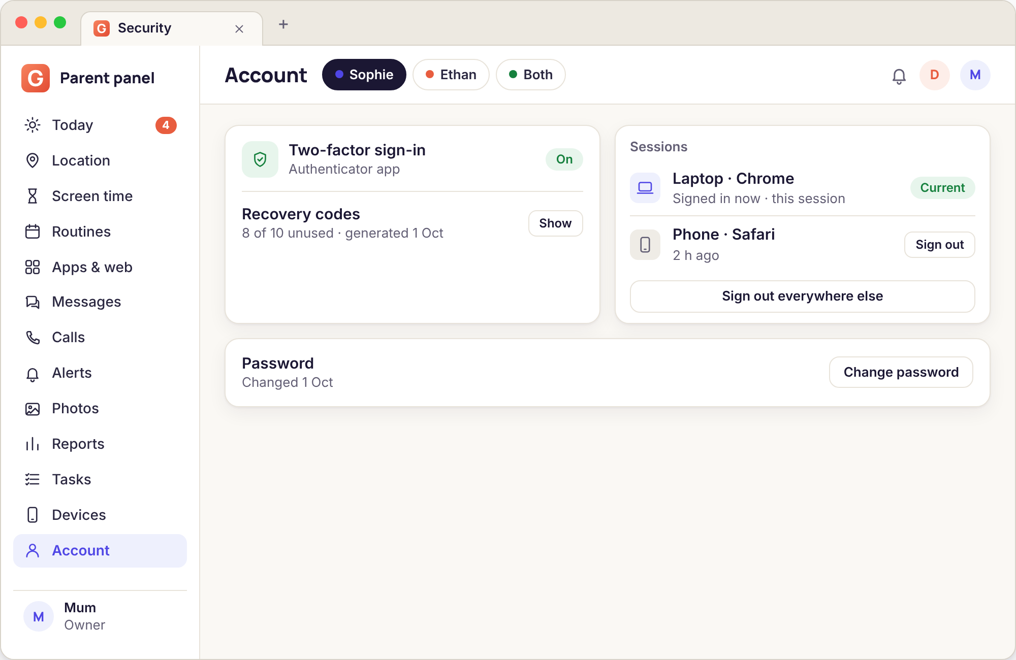 A Security page with a two-factor authentication setup, a list of signed-in browsers with sign-out buttons, and a second parent listed