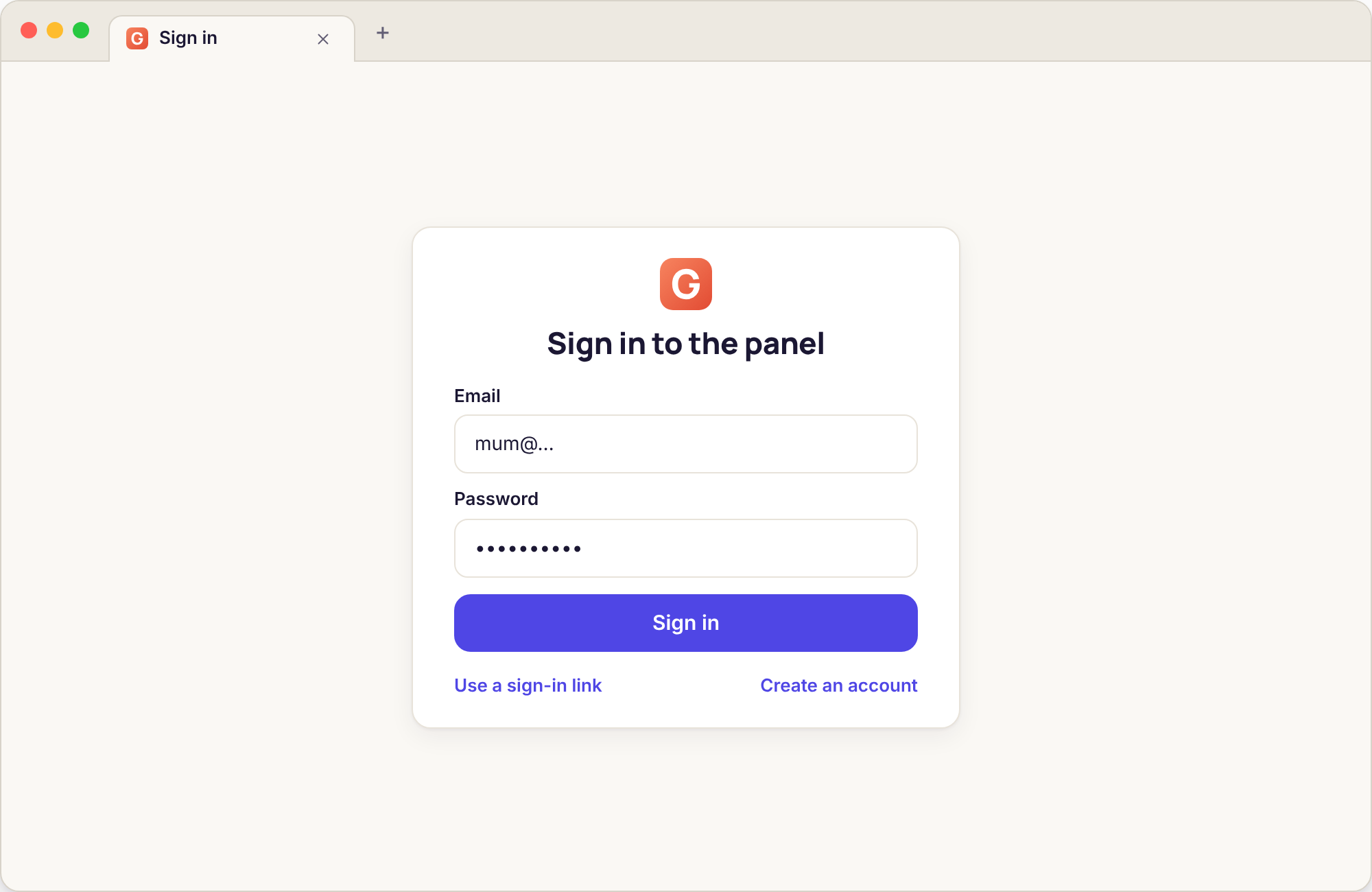 A sign-in form with email and password fields, a link-by-email option and a prompt for a two-factor code
