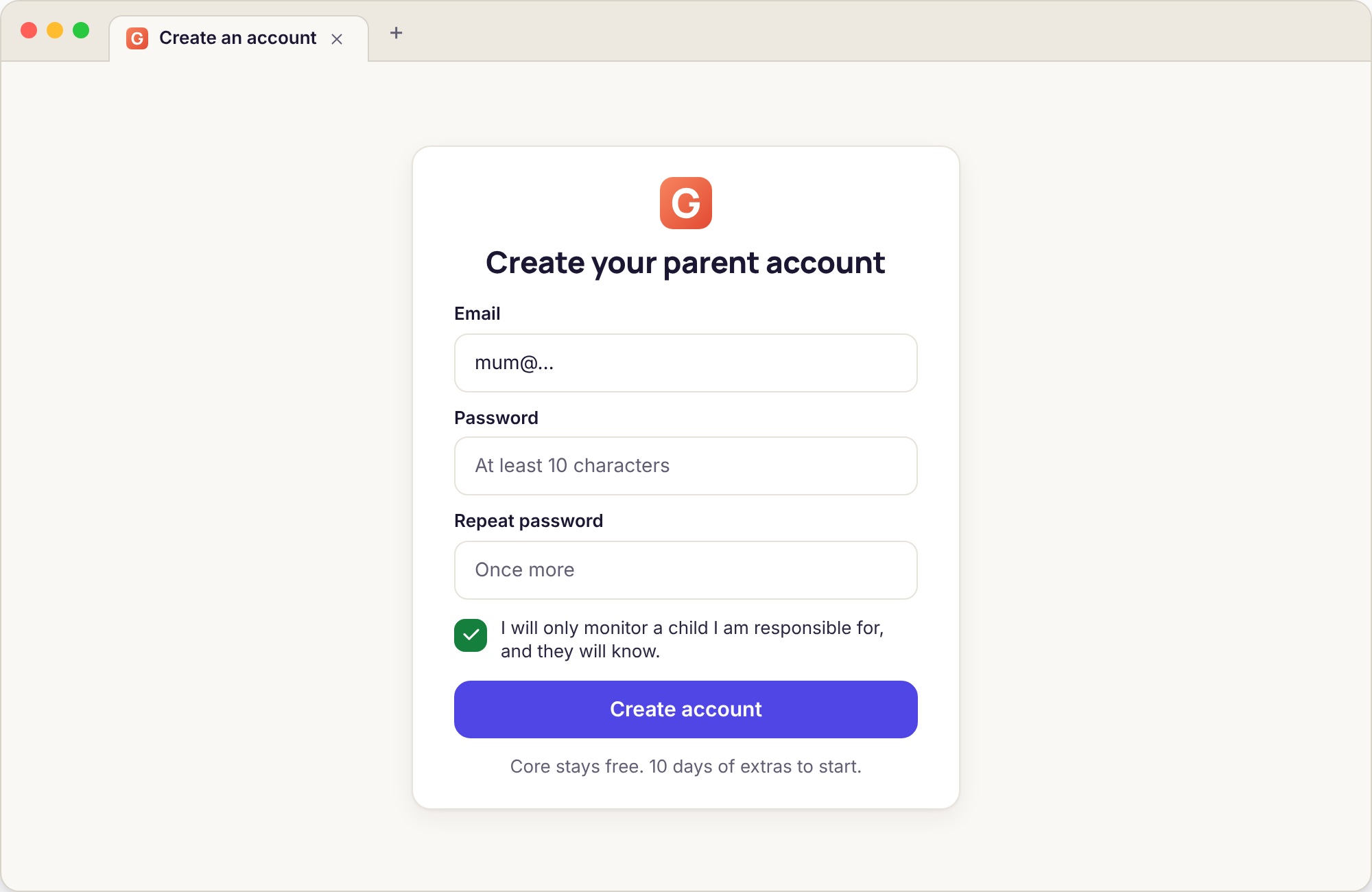 An account form with an email field, a password field and a single checkbox about monitoring only your own child openly