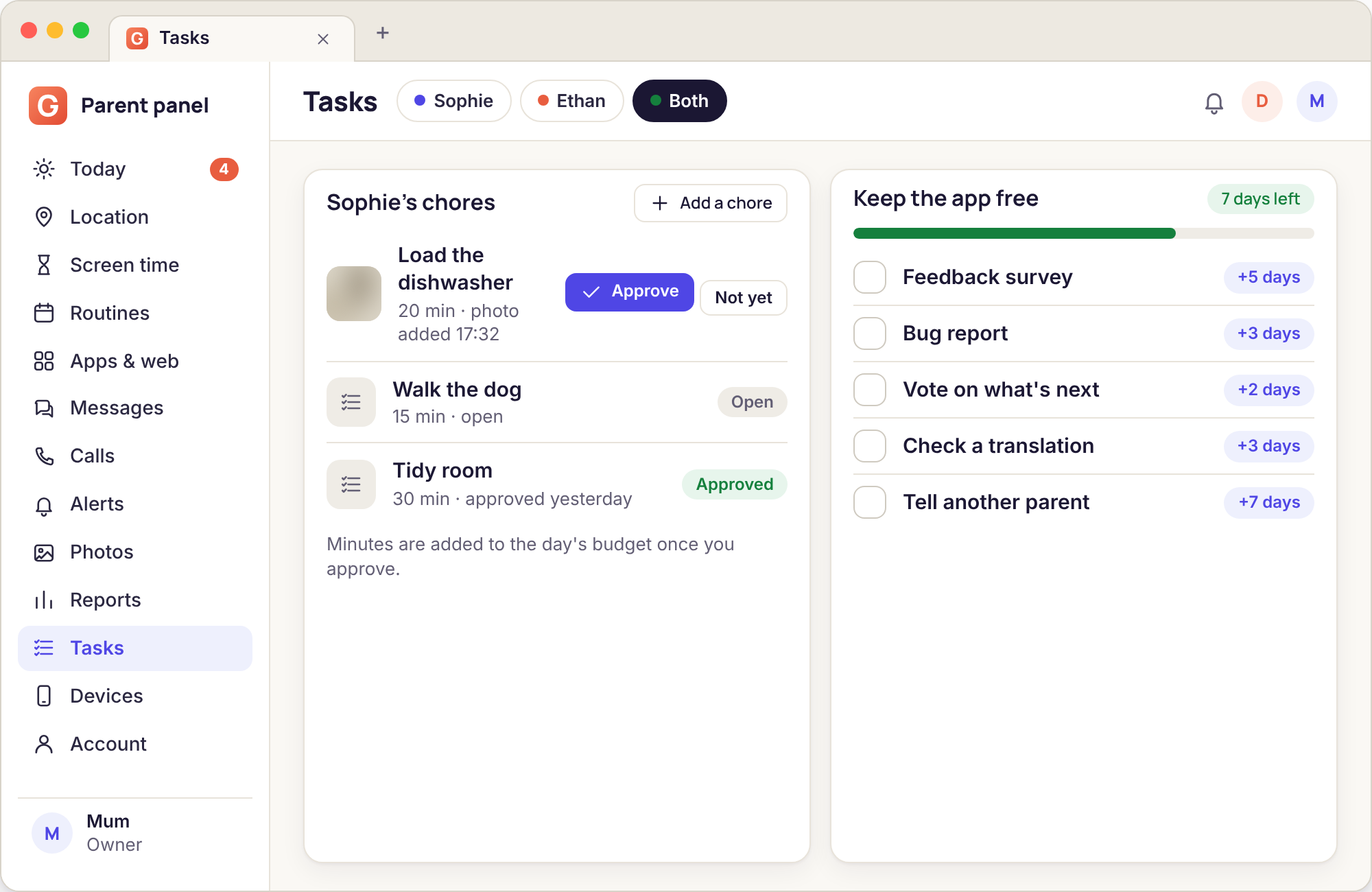 Tasks page listing a feedback survey, a bug report and a roadmap vote with the days each one earns