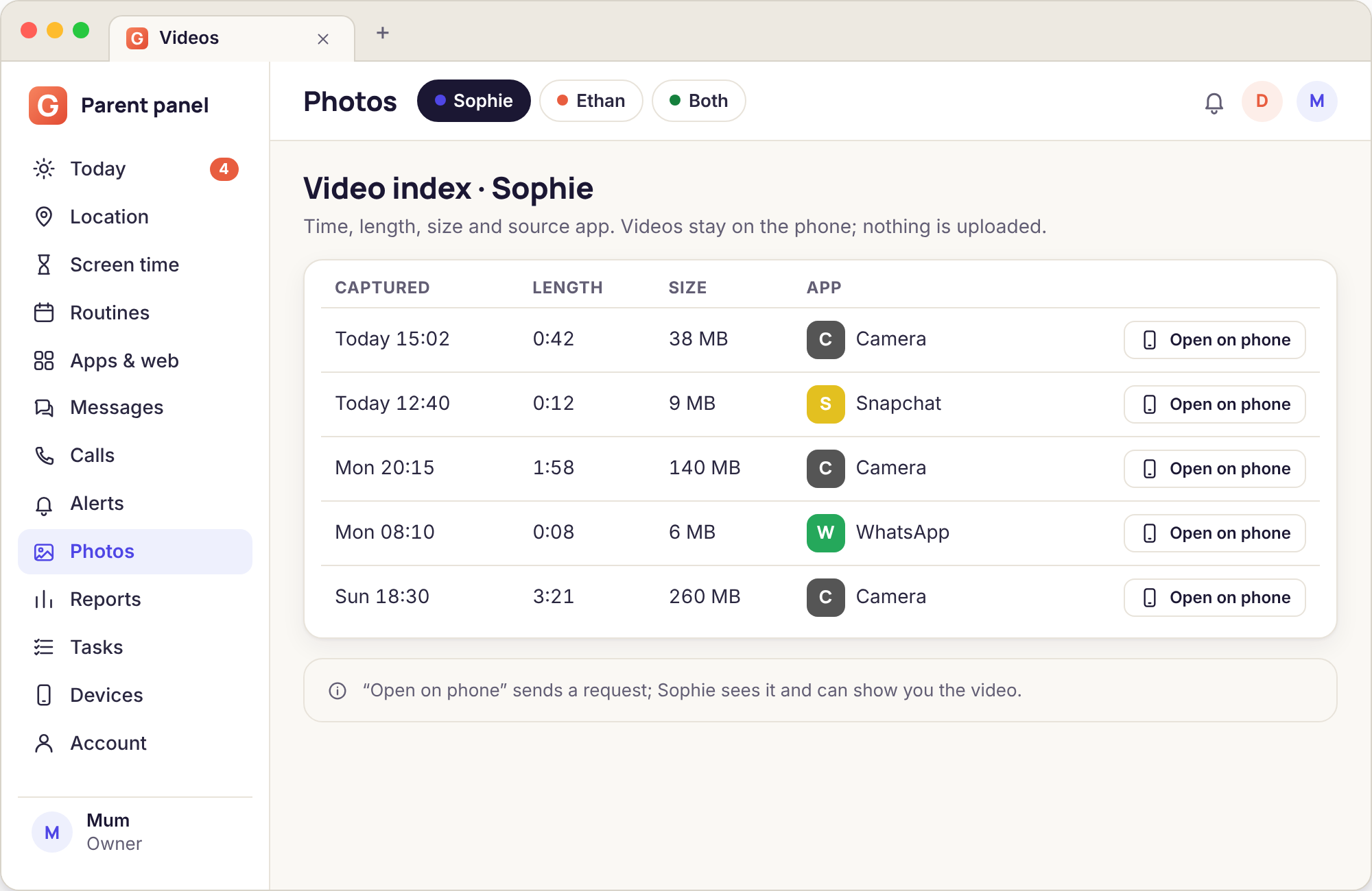 Panel page listing recorded videos as rows with duration, file size and the app that saved each one