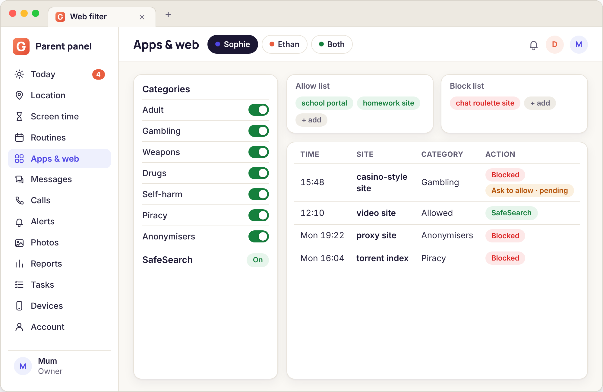 Website filter settings with category toggles, SafeSearch switches and the blocked-site log