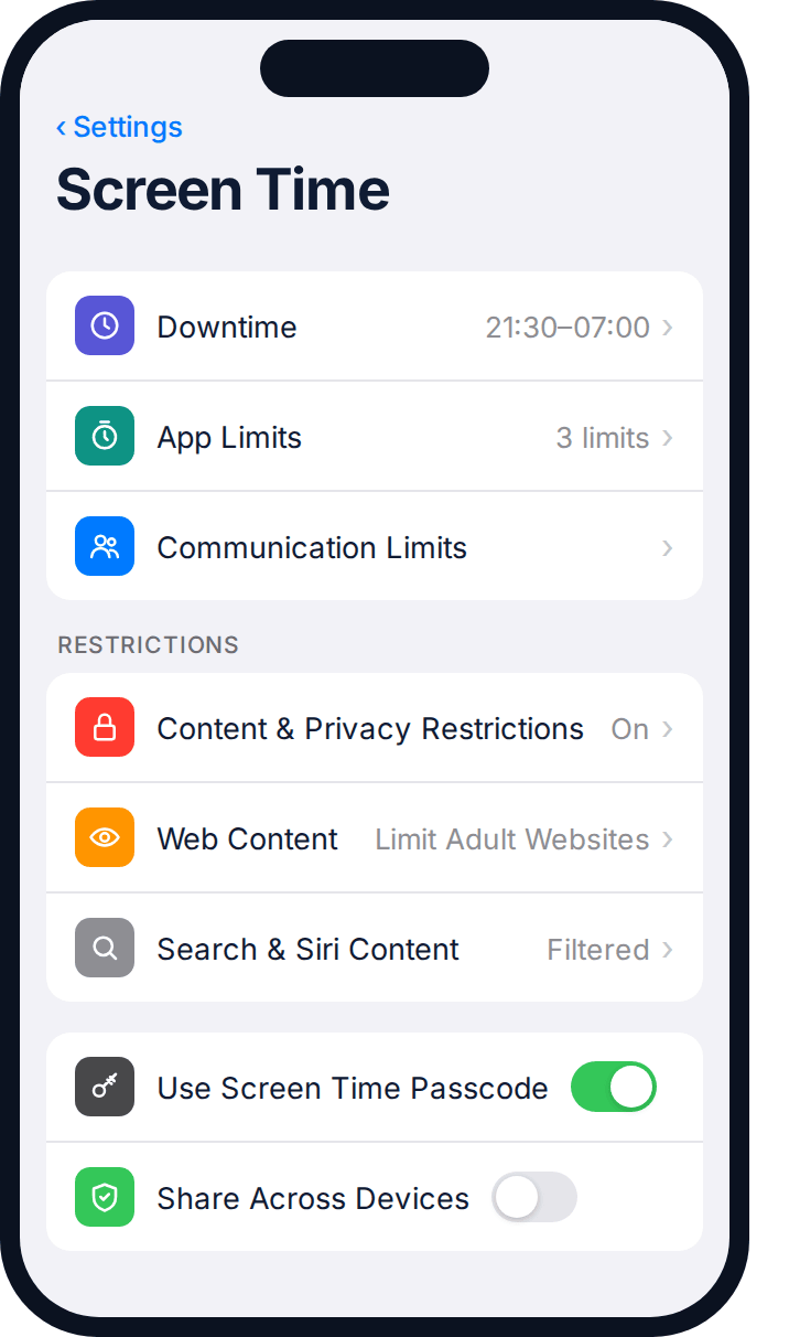 iPhone Screen Time settings showing downtime, app limits and content restrictions
