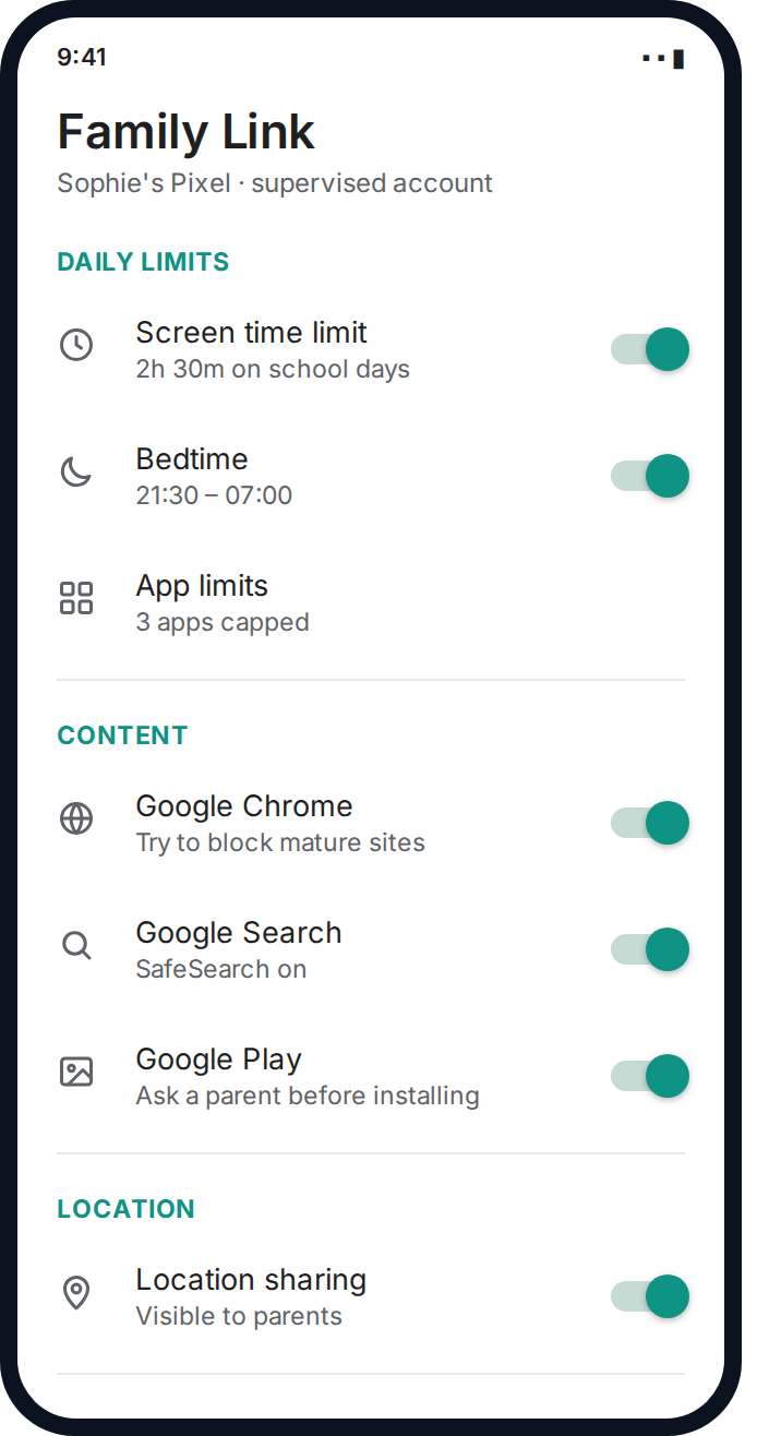 Android Family Link settings showing screen time limits, content filters and location sharing