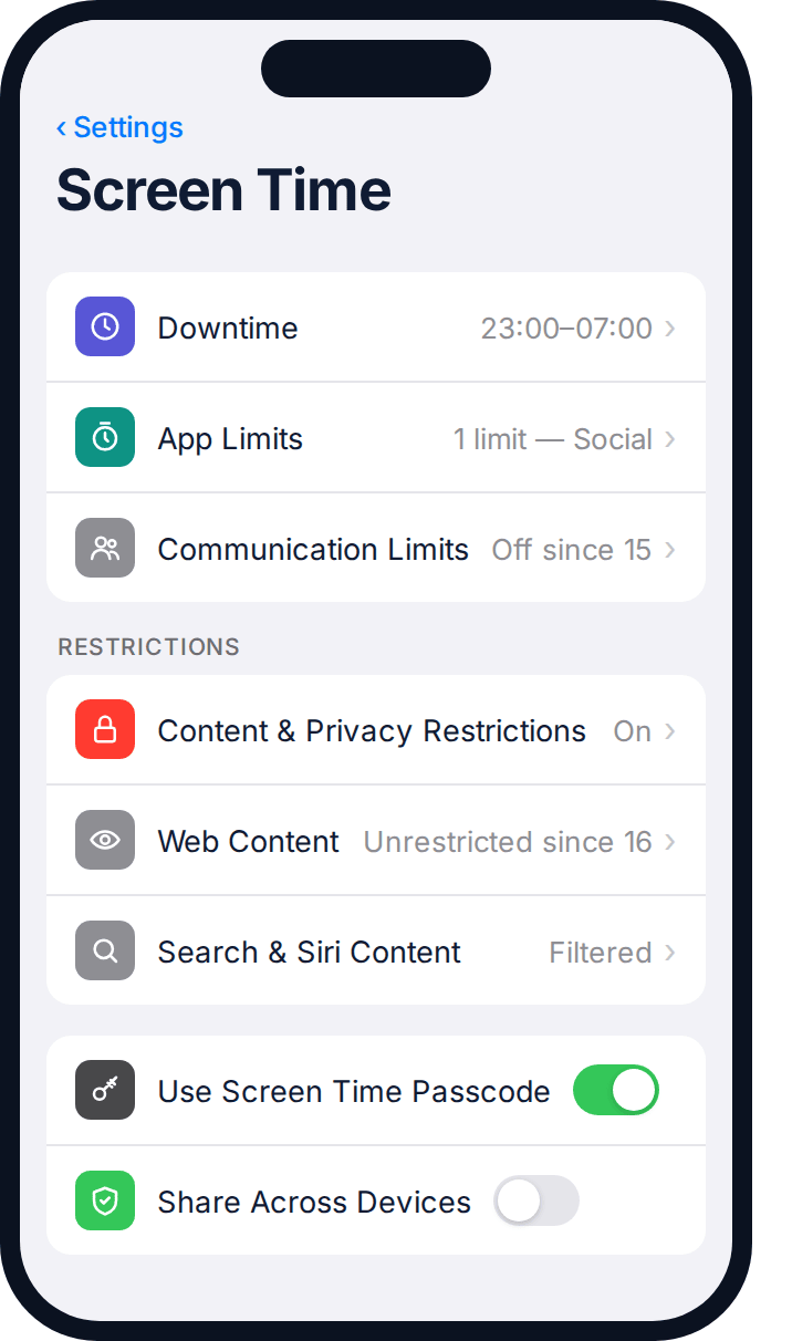 iPhone Screen Time settings eased for an older teenager, showing fewer restrictions than a younger child