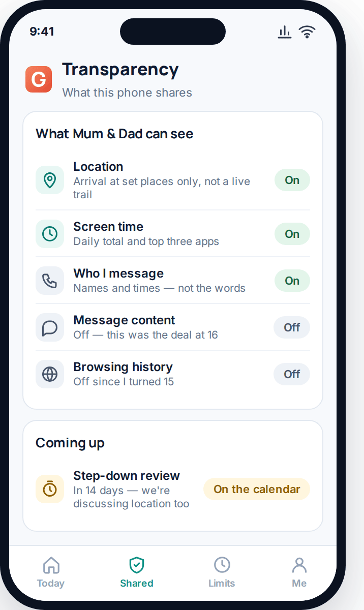Teen transparency screen showing message content and browsing history switched off