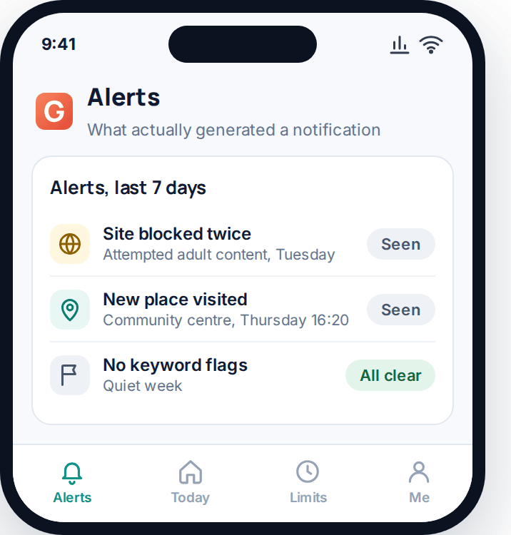 Phone app alerts tab showing a realistic week of monitoring notifications