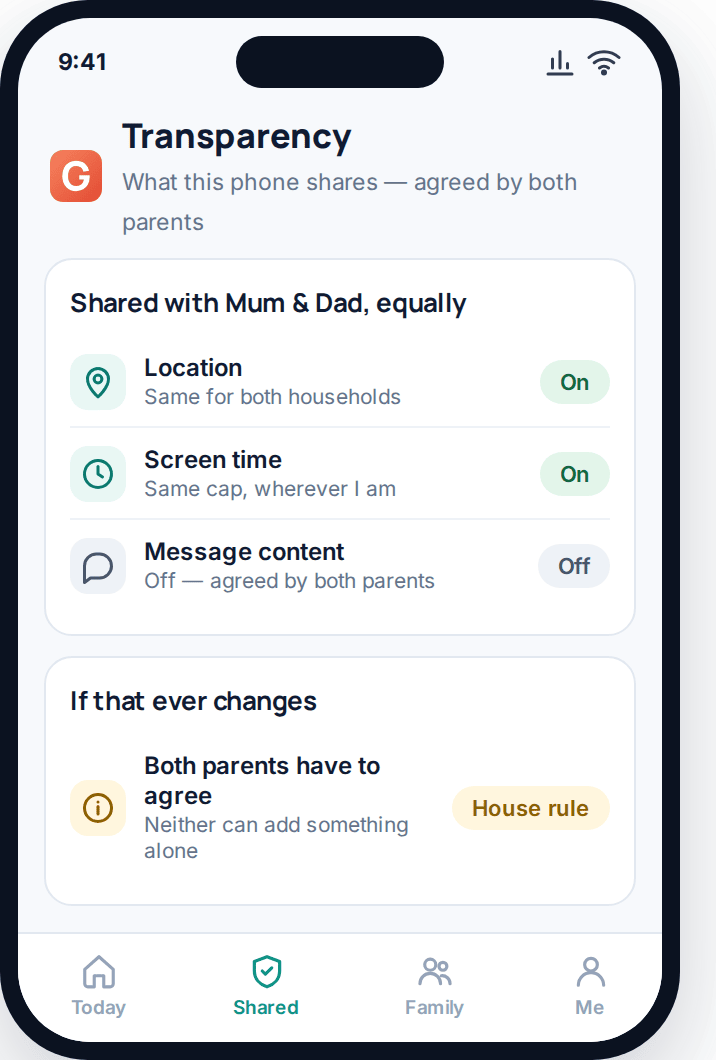 Teen transparency screen showing settings agreed identically by both parents in a shared custody household