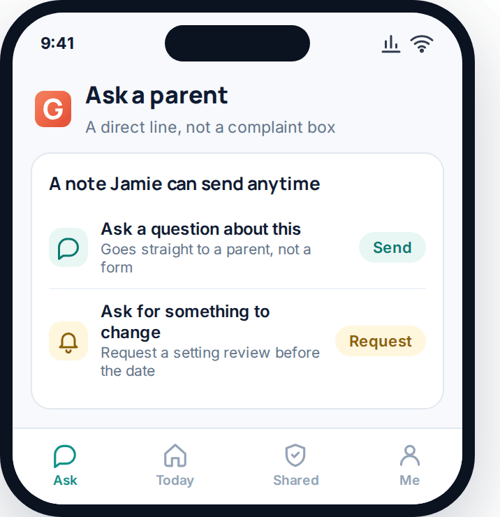 Child app screen showing a direct way to ask a parent a question or request a change