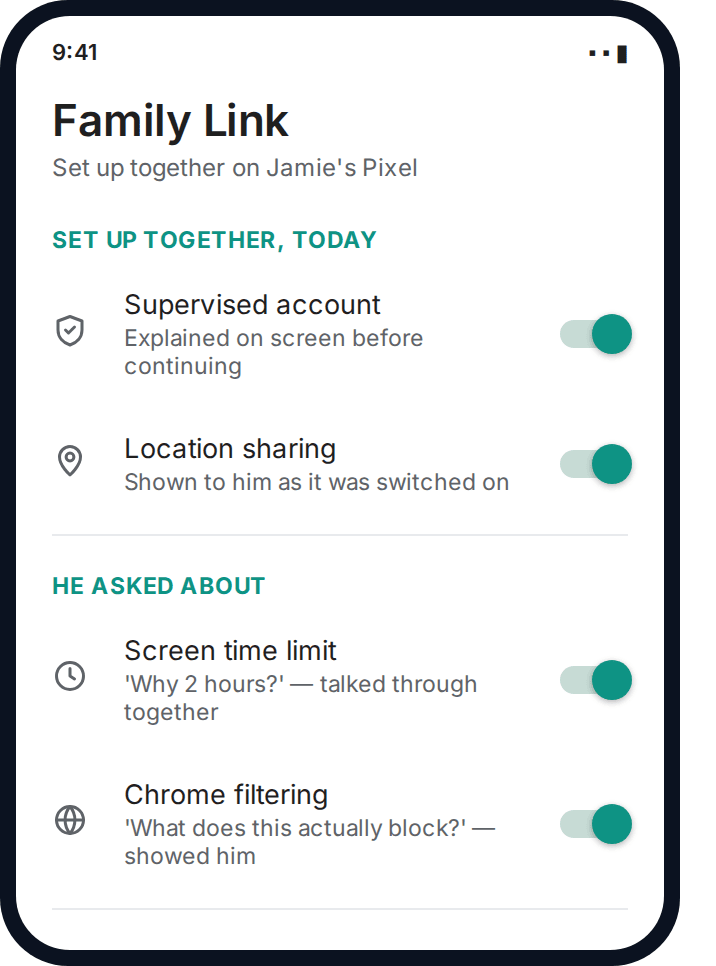 Android Family Link setup being completed together with a child watching each screen