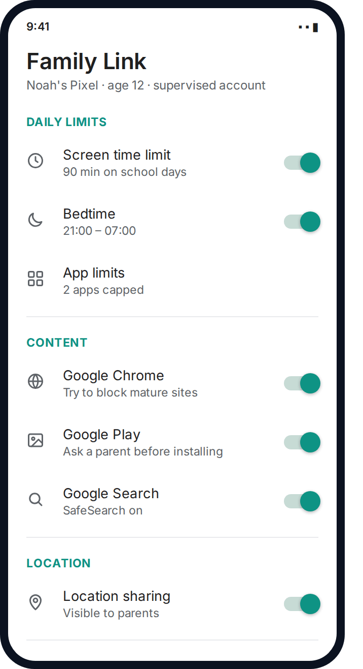 Android Family Link settings tuned for a 12-year-old's first phone