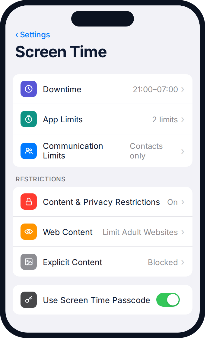 iPhone Screen Time set up for a first phone at age 10–12