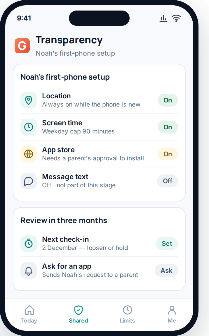 Child app screen showing a first-phone setup with a review date already booked in