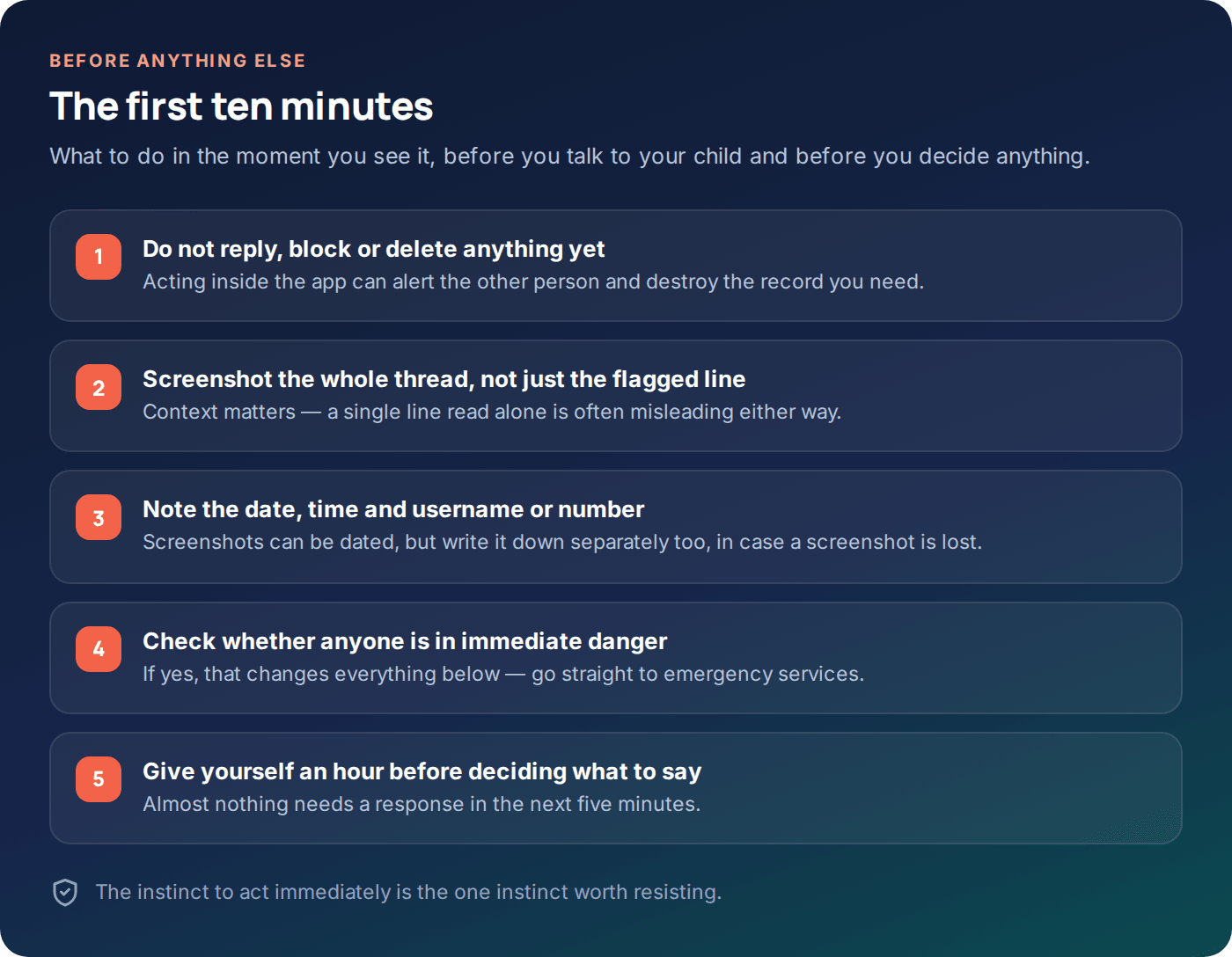Checklist of the first ten minutes after finding something worrying on a child's phone