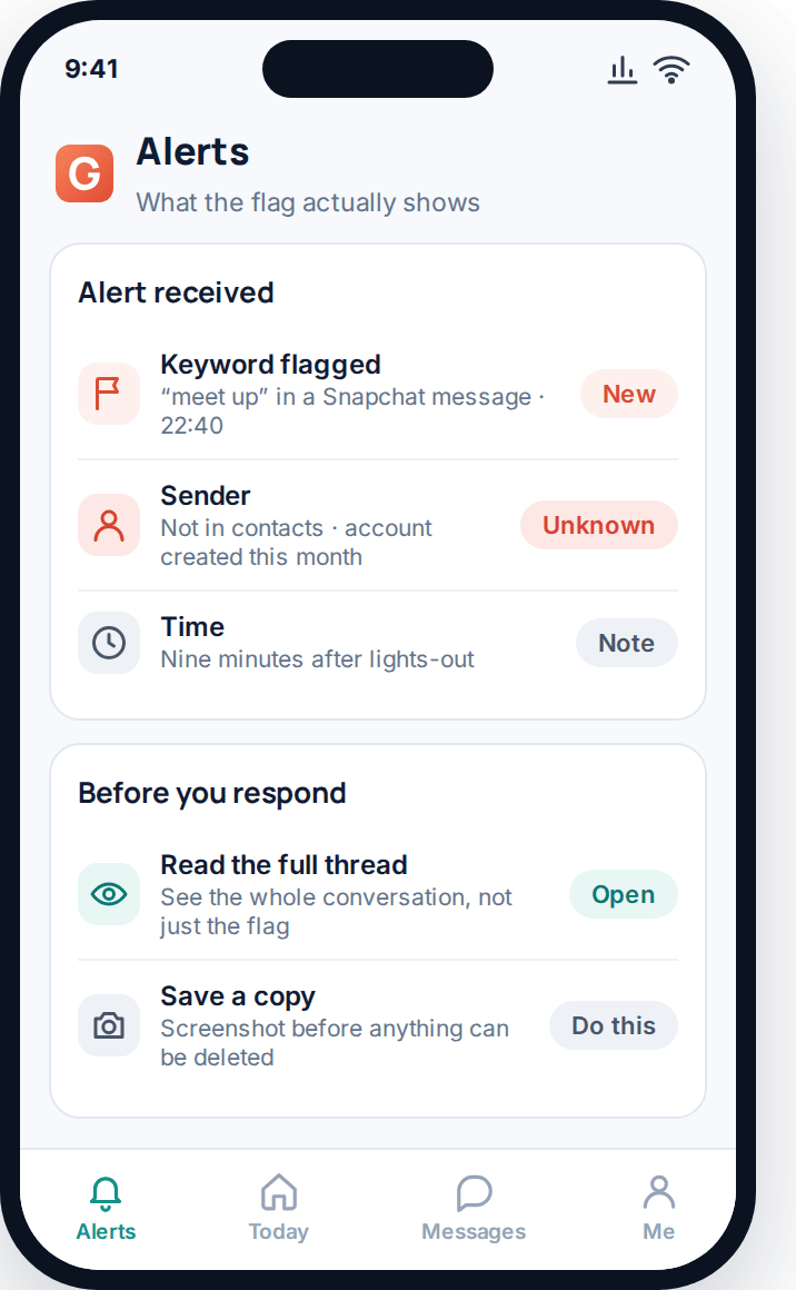 Child app screen showing a keyword flag and the recommended first steps